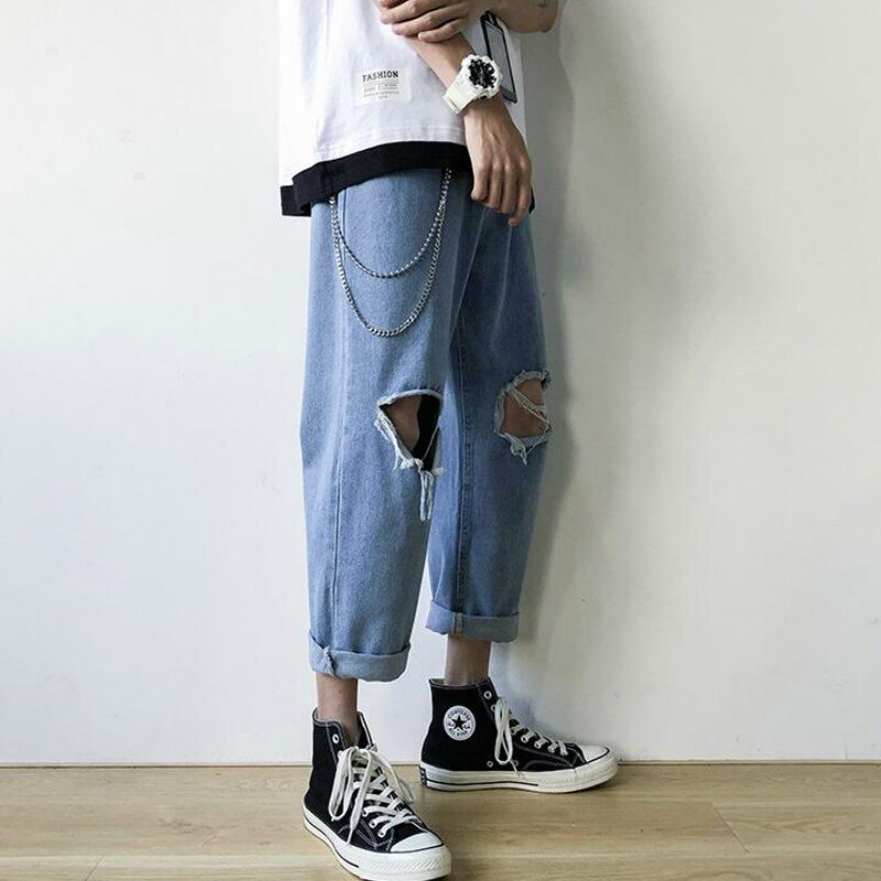 Pantalones vaqueros para hombre, holgados, rectos, hasta los tobillos, combinables, de calle, rotos, estilo coreano, elegantes y chic.