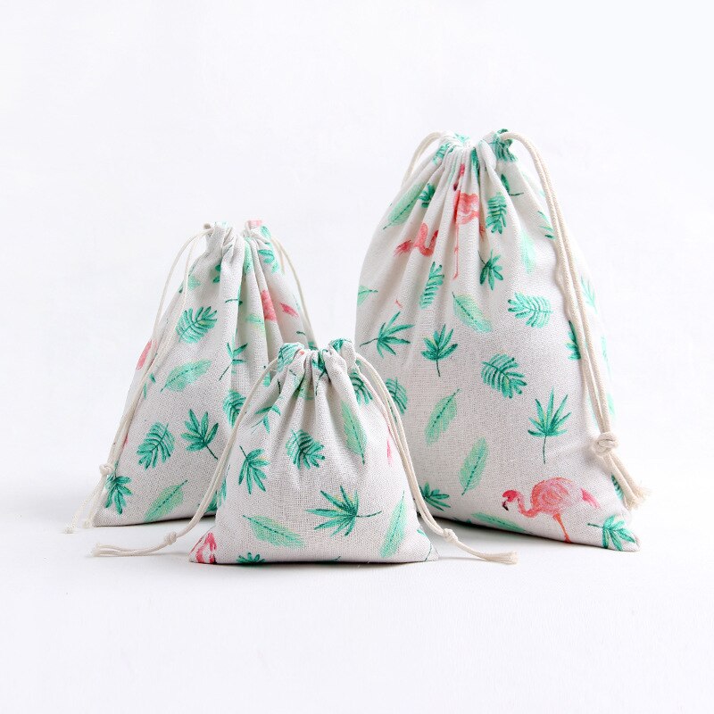 YILE 1pc Cotton Linen Drawstring Party Bag Multi-purpose Pouch Print Flamingo Leaf Size-choosing 8129h