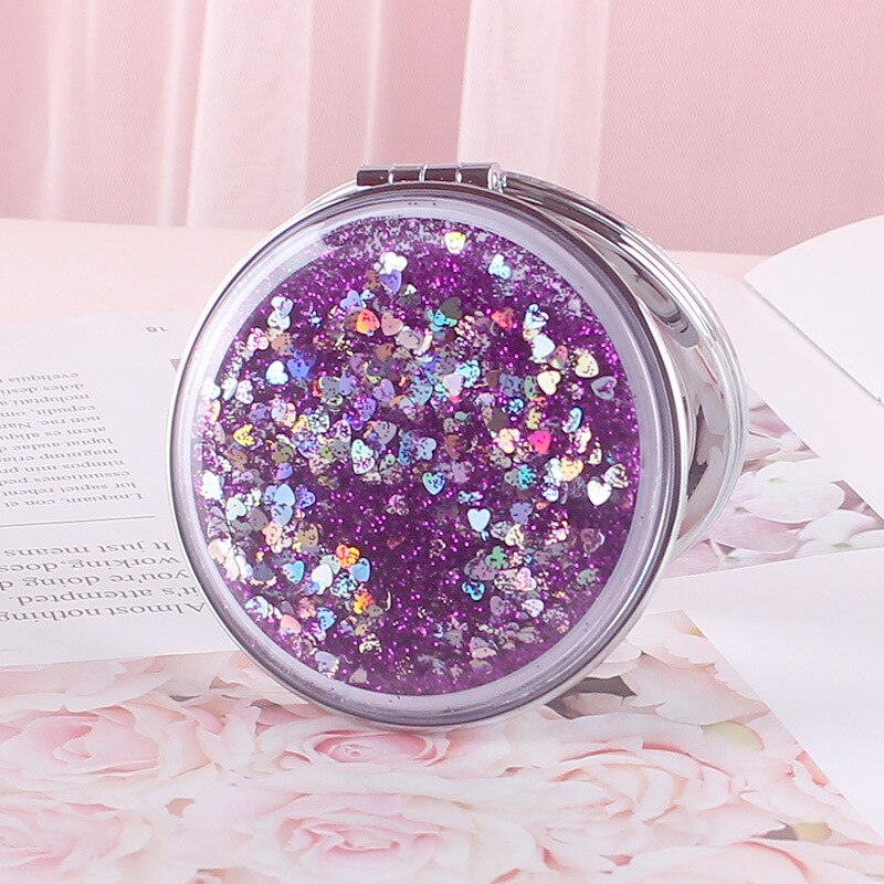 Portable Double-Sided Folding Cosmetic Mirror Female With Flowing Sparkling Sand Mini Makeup Mirror Compact Pocket Mirrors: Purple