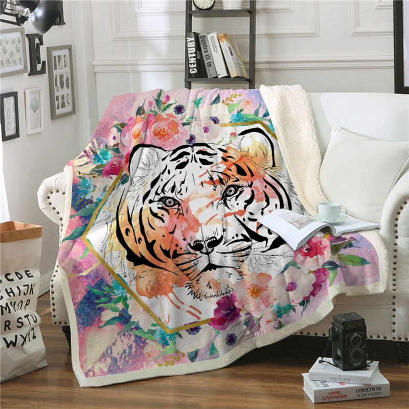 Kasteteppe til sofa bil låve voksen sengetrekk 3d dyr tiger utskrift myk varm vinter sherpa fleece teppe plysj sengeteppe: 3 / 150 x 200cm