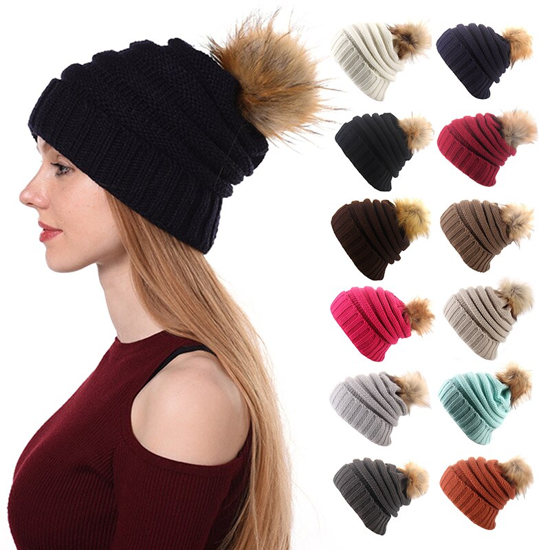 Winter Hat Casual Beanies Women Warm Knitted Winter Hat Solid Beanie Hat Wool Fur Bobble Ball Pompom Outdoor Equipment