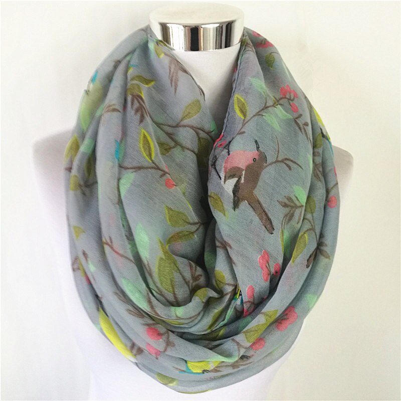 Magpie Bird print Viscose Match Ipek Esarp loop Scarves Flower Infinity Scarf spring Wraps ring scarf for women