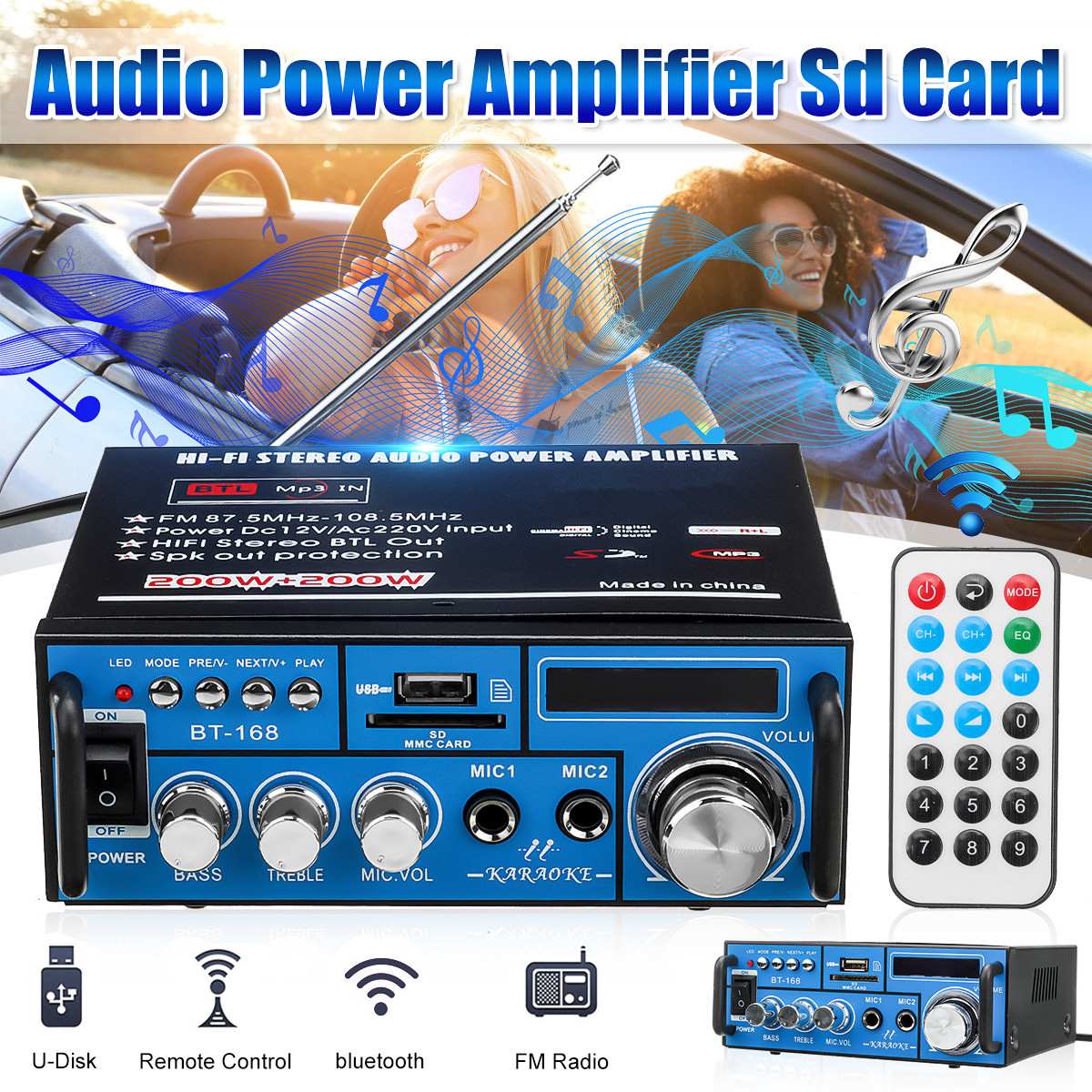 12/220V 400W Car bluetooth Audio Amplifier Digital Power Amplifier 2CH Stereo HiFI Auto Tuning Home Subwoofer With Remote