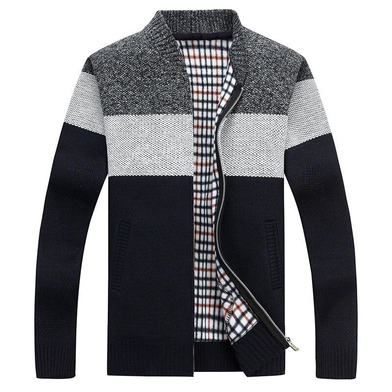 Herfst heren dikke sweaterjas gestreepte staande kraag rits trui jas bovenkleding winter fleece kasjmier voering truien: Zwart / Ik