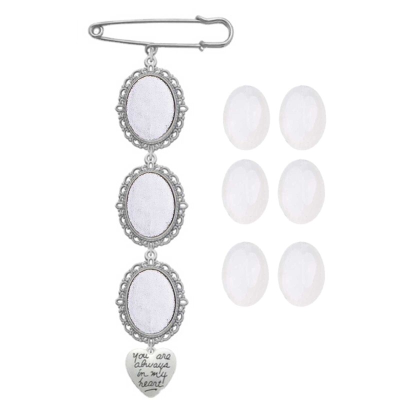 Wedding Boutonniere Boeket Foto Memorial Charm Pin Ronde Moeder Van De Bruid Voor Bruidegom Bruid Met Hart Hanger: Silver Plated