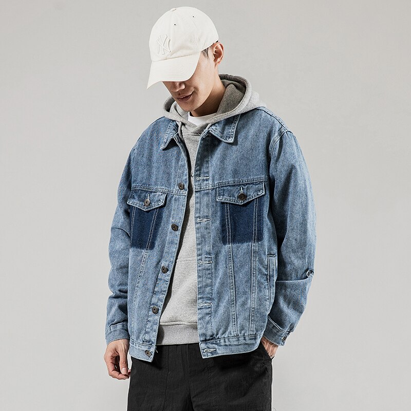 Streetwear tie-dye pocket solid color wild trend four seasons denim casual washed denim jacket men's jeans jacket coat