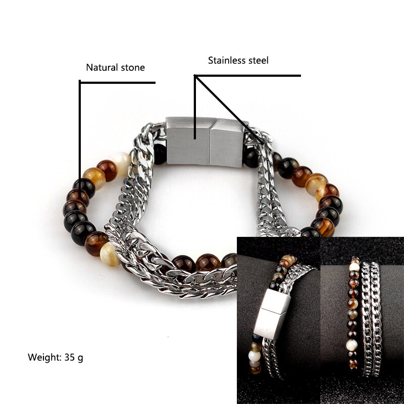 Pulseira de couro trançado para homens vintage, 4 tamanhos de tigre, pedra de amuleto, pulseira étnica rústica de aço inoxidável com contas: Layer 2 chain / 22cm
