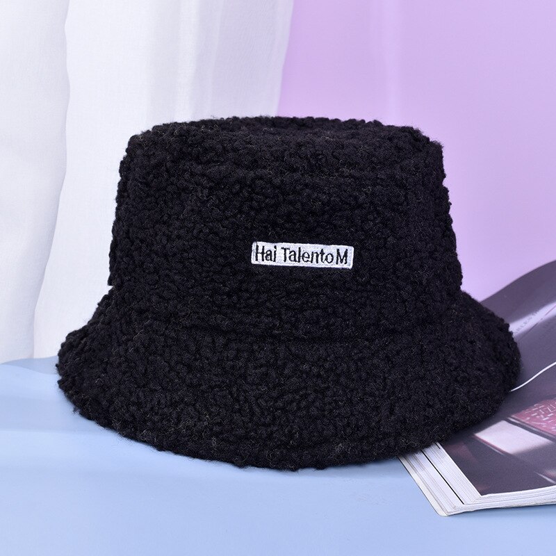 Lamb Wool Faux Female Hat Fur Warm Female Hat Faux Fur Winter Women&#39;s Bucket Hat Fisherman Outdoor Sun Hat Panama Lady Hat Cap: Black
