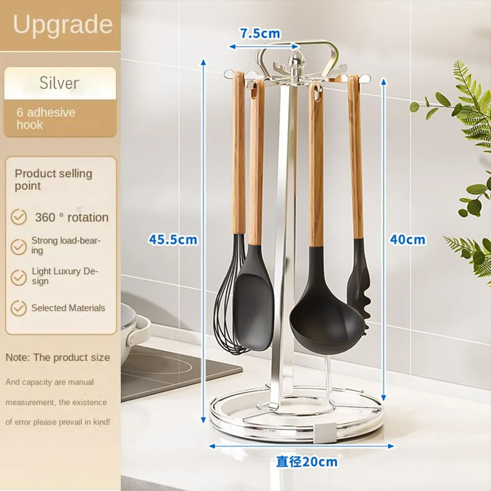 Aanrecht Kookgerei Spatel Lepel Houder 360 Gedraaid 6 Haken Hanger Keuken Organizer Rack Spatel planken: Zilver