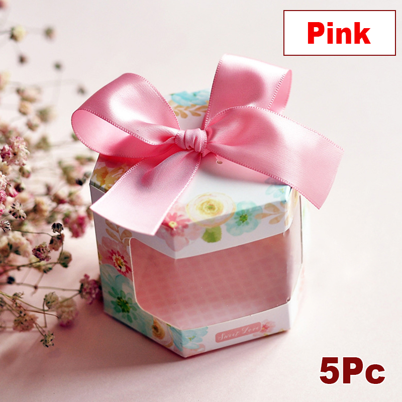 5Pcs Vintage Bloemen Gedrukt Dozen Snoep Hexagon Vorm Dozen Met Strik Lint Wedding Party Candy Chocolade Wikkelen Doos: A