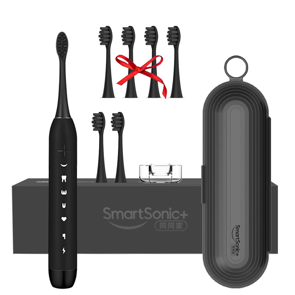 SmartSonic Waterproof Sonic Electric Toothbrush USB Rechargeable Tooth Brush Ultrasonic Toothbrush with 2 Brush Heads: Black with 4 head