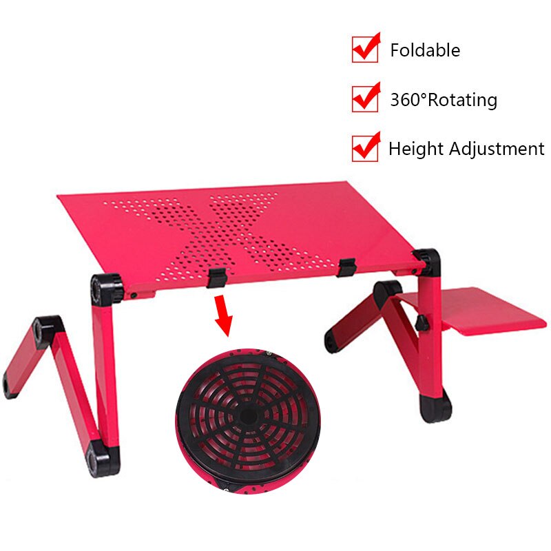 Verstelbare ergonomische draagbare tv-bedtafel, laptoptafel, laptopstandaard, laptoptafel, bureaustandaard met muismat: Rood met waaier