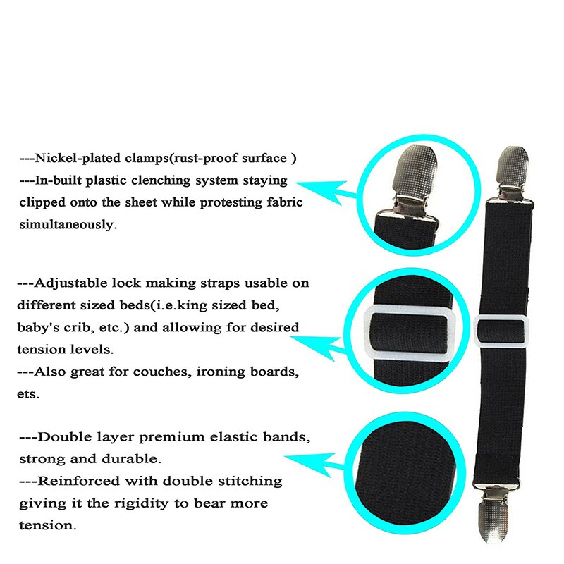 4 stk fastgørelser stropper gribere seler selebånd kroglåse justerbare elastiske madrasbetræk hjørneholder clips sengetøj