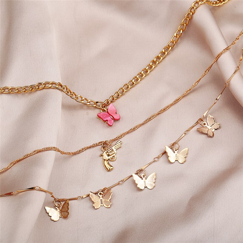 17KM Trendy Multilayered Butterfly Chain Necklace For Women Gold Pink Pistal Pendant Chain Necklaces Jewelry