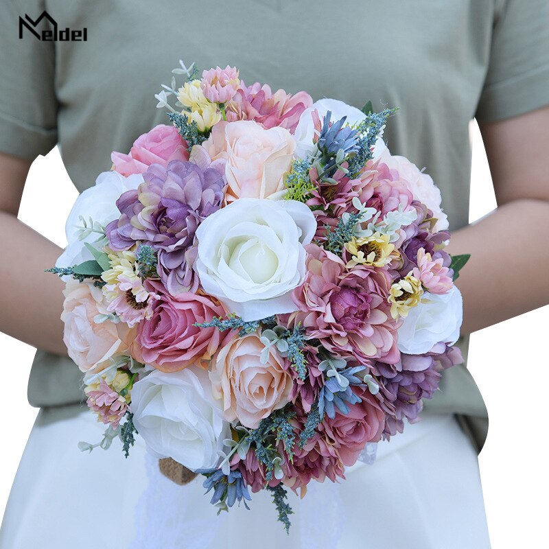 Meldel Wedding Bouquet Flower Pink Purple Blue Bohemian Bouquet Romantic Artificial Flower Silk Rose Dahlia DIY Bridal Bouquets: Pink