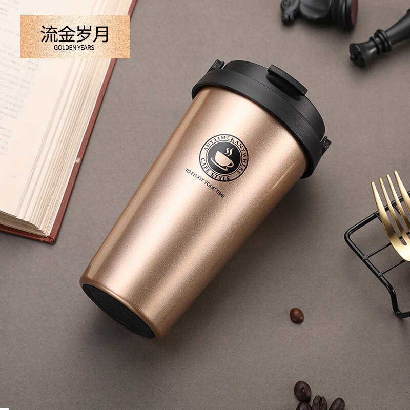 500ML Coffee Mug 304 Stainless Steel Travel Mug Double Wall Vacuum Insulated Tumbler Wide Mouth Tea Cup with Lid: Gold B