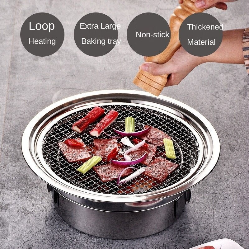 Stainless Steel Domestic Charcoal Barbecue Grill Commercial Round Non-stick Outdoor Camping Portable Charcoal Stove Kitchenware
