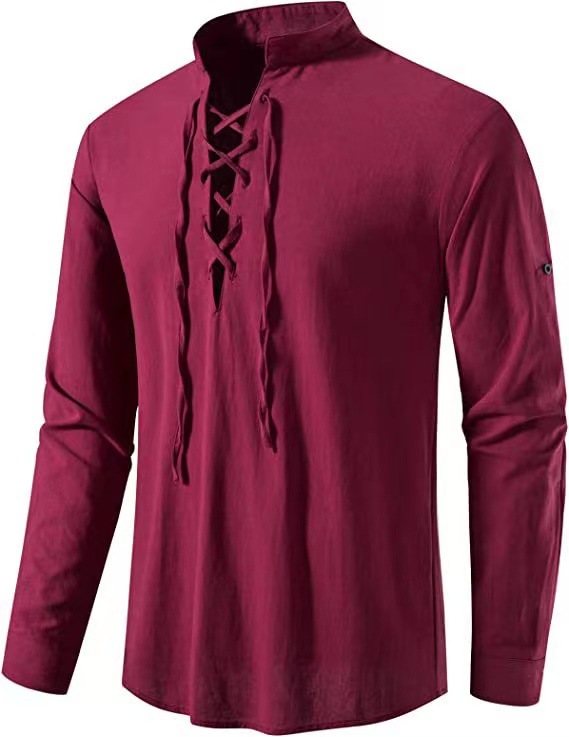 Men's Casual Blouse Cotton Linen Shirt Tops Long Sleeve Tee Shirt Spring Autumn Slanted Placket Vintage Yoga Shirts: S / Red