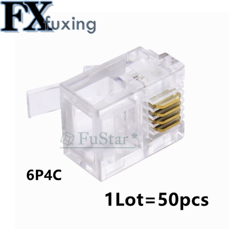 50PCS Crystal Head RJ11 6P4C Modular Plug Gold Plated Network Connector 6P4 Core Telephone Crystal Head