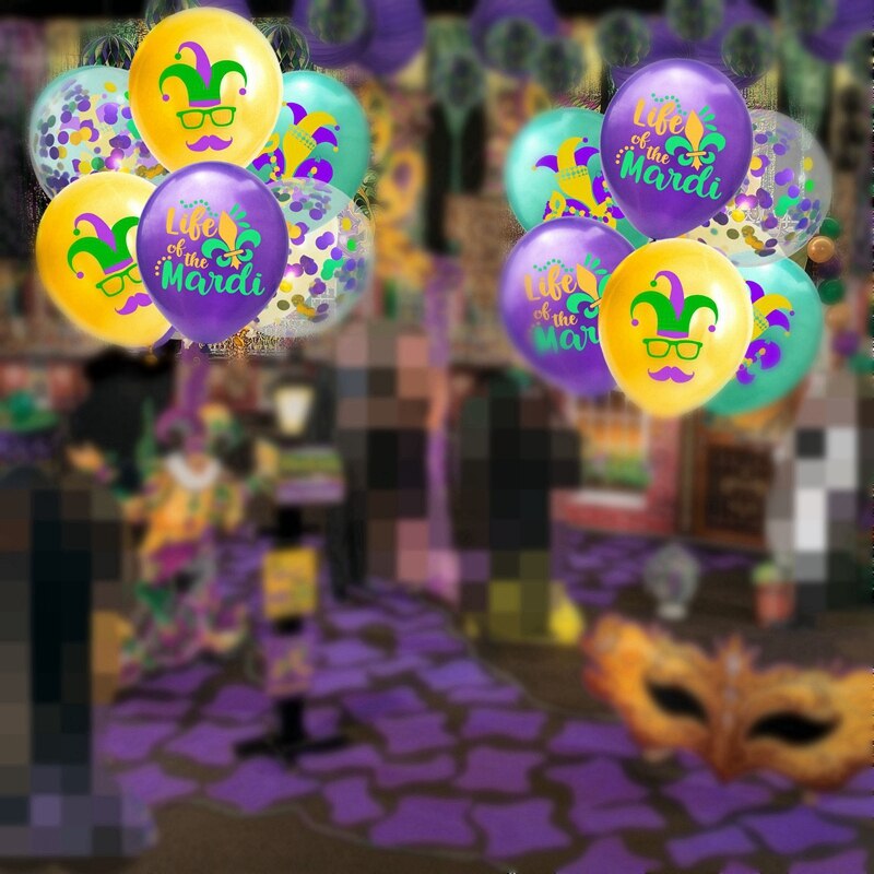 MARDI GRAS Carnival Theme Birthday Party Decoration Cake Topper Banner PVC Spiral Pendant Latex Balloon Supplies