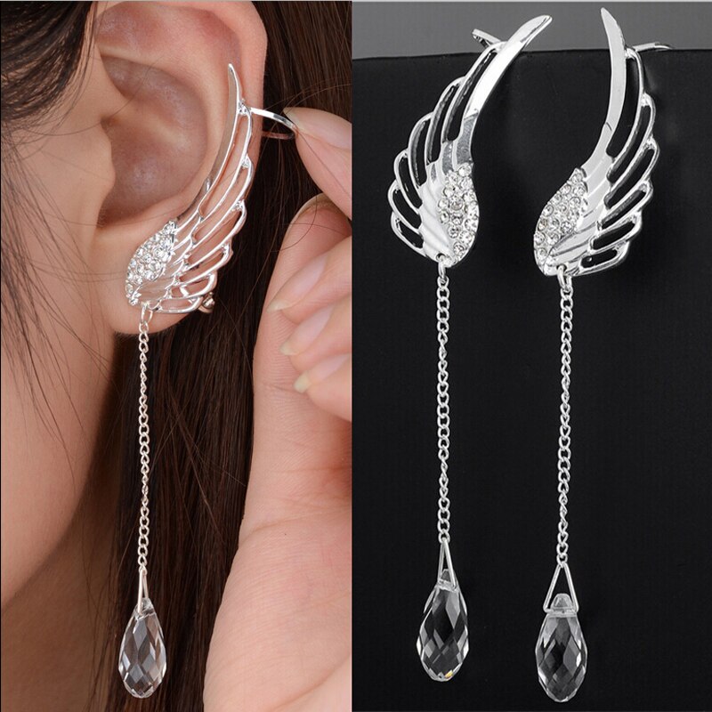 Verzilverd Angel Wing Stylist Crystal Oorbellen Dangle Ear Stud Voor Vrouwen Lange Manchet Oorbel Bohemen Jewelrys