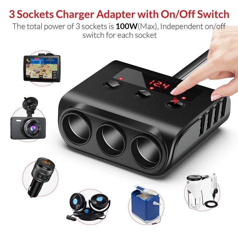 Car Cigarette Lighter Adapter, 100W 12V/24V Car Charger with 4 USB Ports and 3 Sockets Cigarette Lighter Power Splitter, On/Off