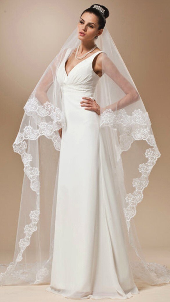 Vrouwen Kant Bruiloft Sluier 3 Meter Lange Kathedraal Met Kam Een Laag Tull Applicaties Bridal Veils