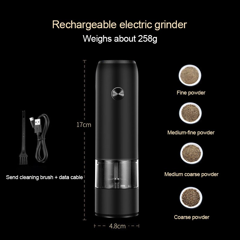 Elektrische Automatische Molen Peper En Zout Molen Usb Opladen Spice Zout Pepermolen Verstelbare Grofheid Molen Keuken Gereedschap: A Black