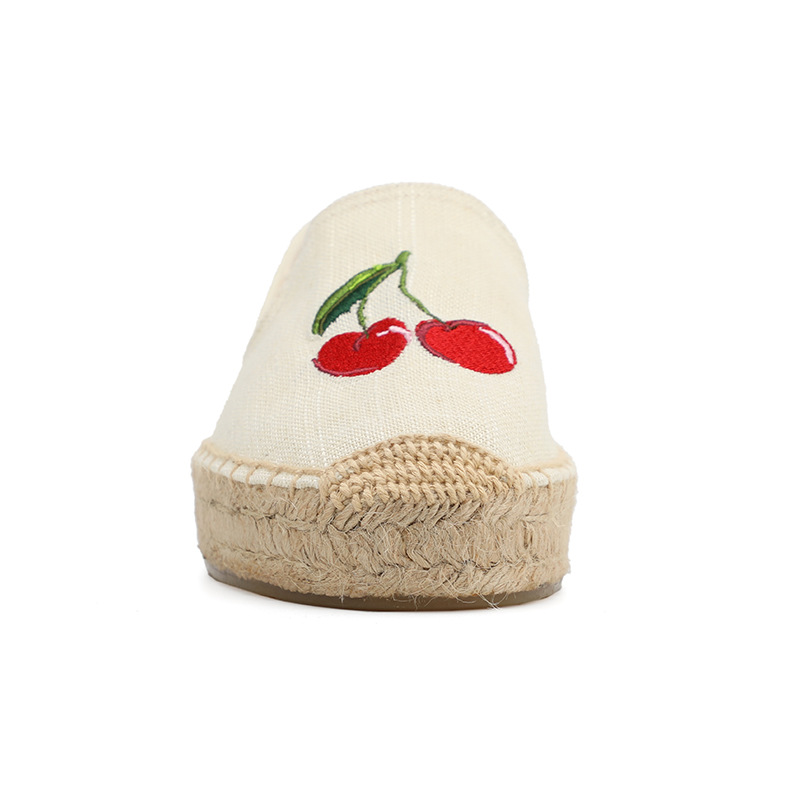 DZYM Zomer Cherry Borduren Vrouwen Visser Schoenen Stro-geweven Loafers Vlas Flats Leisure Linnen Vlas Dame Canvas Espadrilles