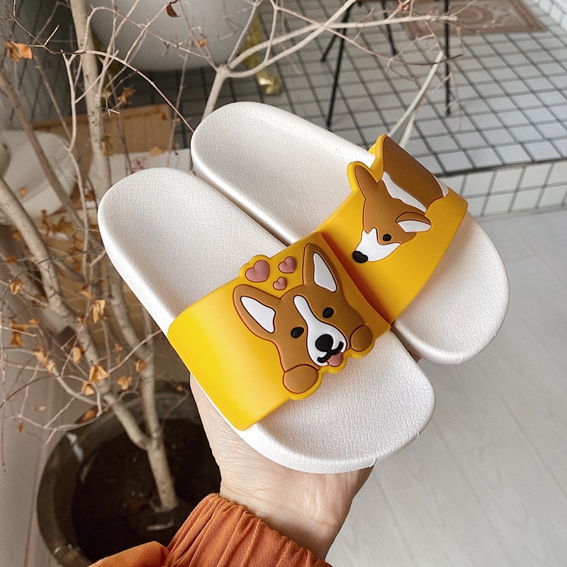 Casual Women Summer Slippers Slide Sandals Beach Slides Flip Flops Cartoon Dog Corgi Non-slip Thick Sole Women Girls Flat Shoes