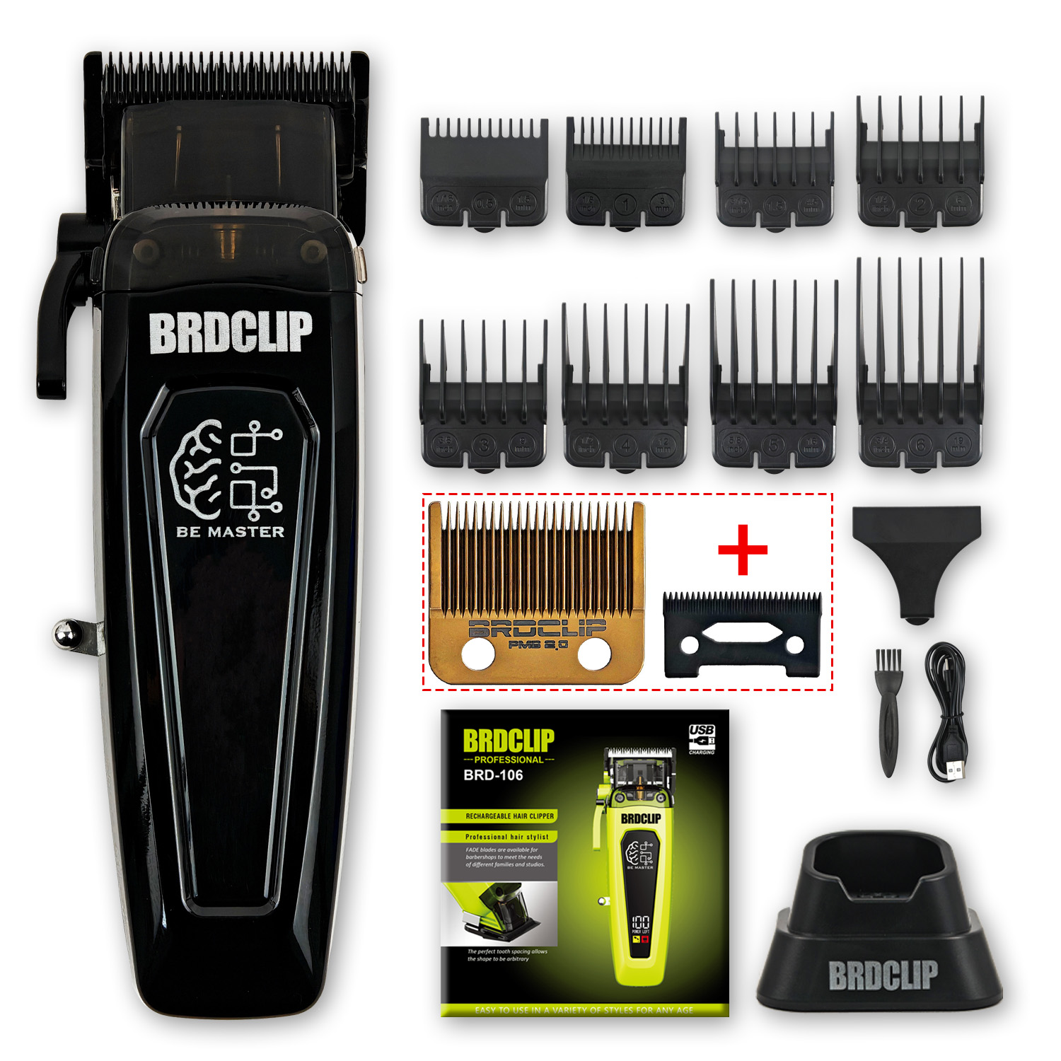 BRDCLIP-Kit de Máquina para cortar cabello de barbero , cargador Base, cortadora de pelo de 7500RPM, cortadora de pelo de salón con cuchilla DLC para hombres: Plata