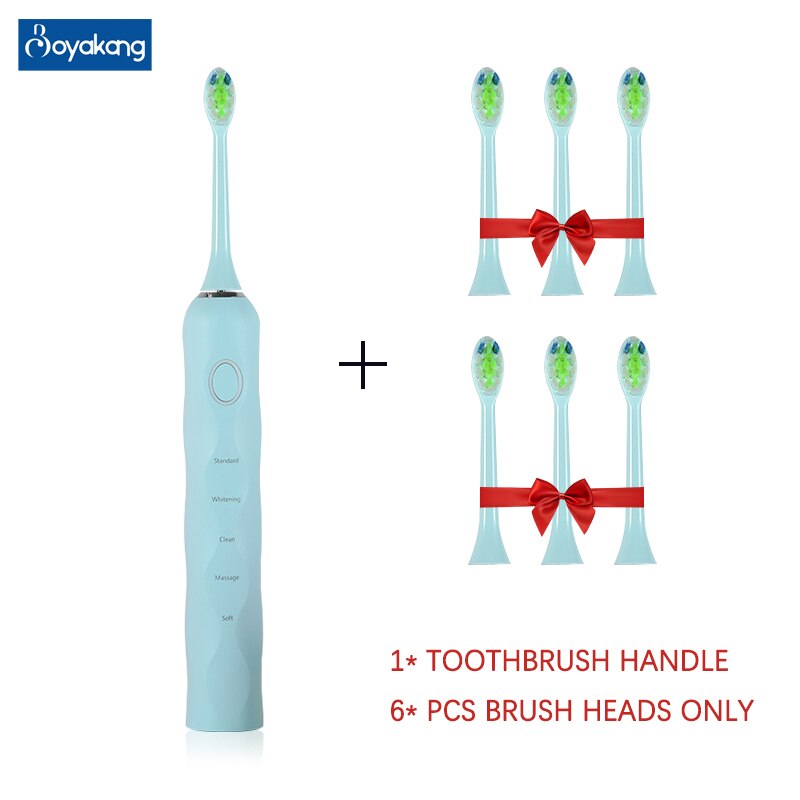 Boyakang Ultrasonic Vibration Electric Toothbrush 5 Modes Smart Timing IPX8 Waterproof Dupont Bristles USB Charging BYK27: Sky Blue