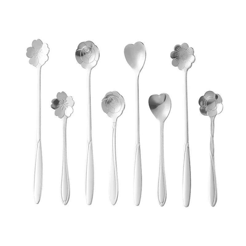 Cucharas largas de acero inoxidable para postre, cuchara de flores de 4 piezas, mango largo dorado, cuchara mezcladora para café y pastel, accesorios de cocina: Blanco