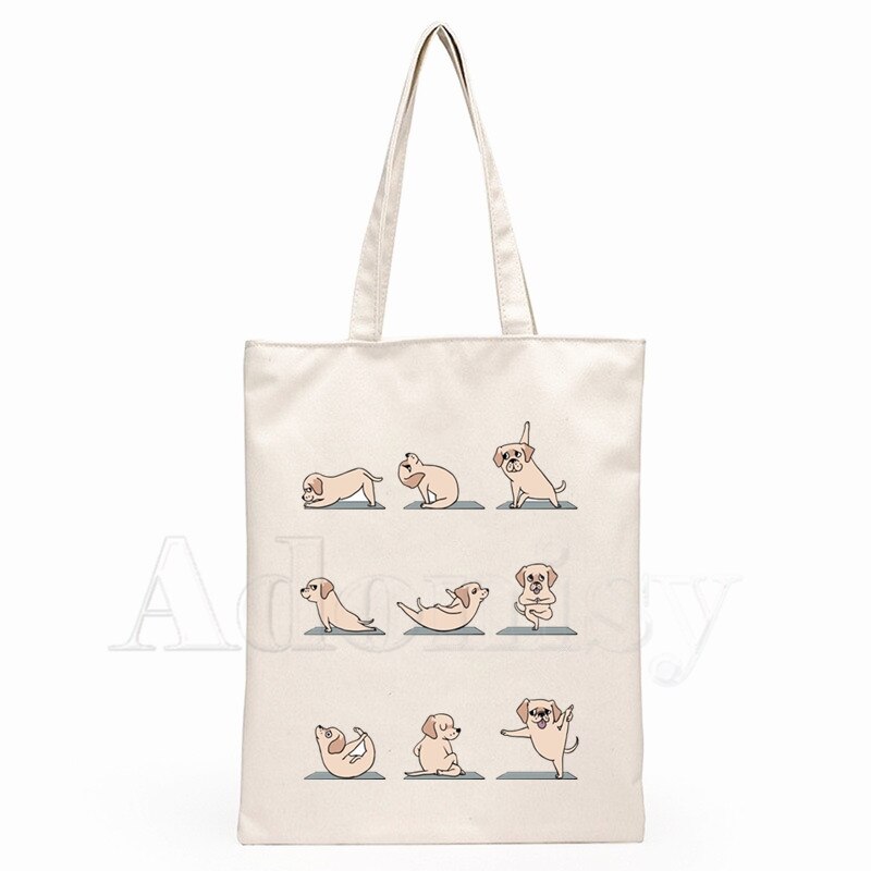 Yoga Pug Dog Ladies Handbags Cloth Canvas Tote Bag Shopping Travel Women Eco Reusable Shoulder Bags Bolsas De Tela: A