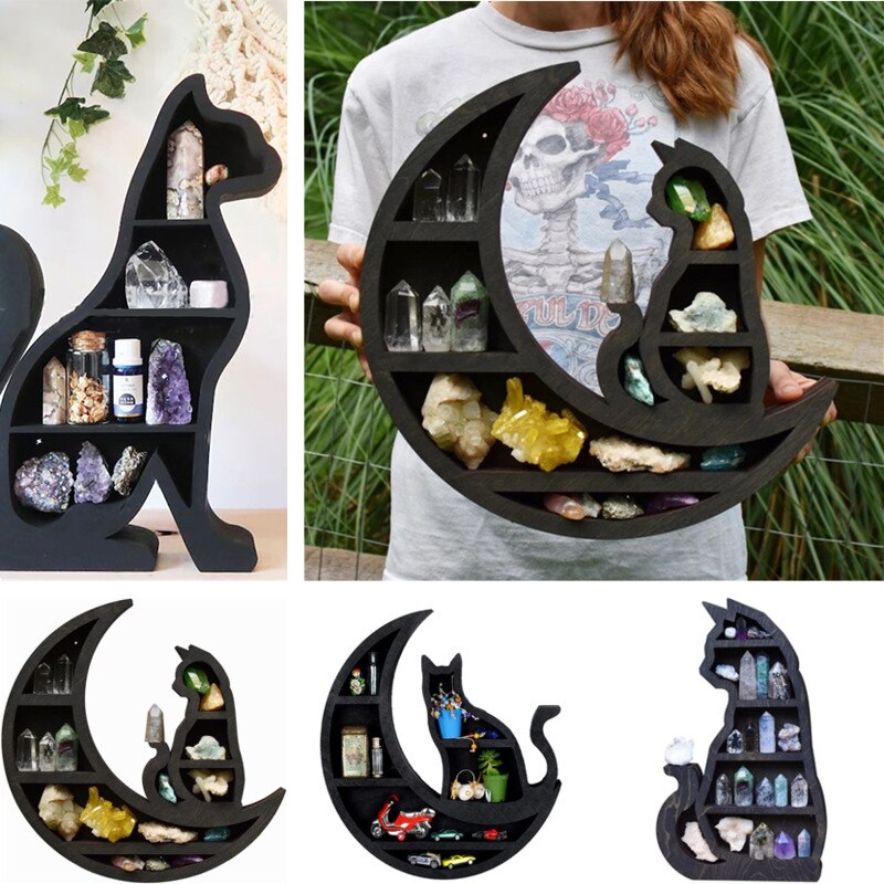 Cat On The Moon Crystal Wooden Shelf Cat Crystal Essential Oil Display Wall Organizer Living Room Rack Home Room Storage Decor
