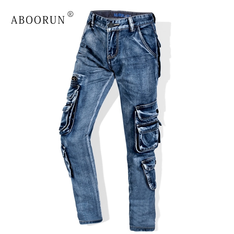 ABOORUN Men's Retro Cargo Jeans Multi Pockets Washed Straight fit Denim Pants Men's Brand Overalls Jeans x1650