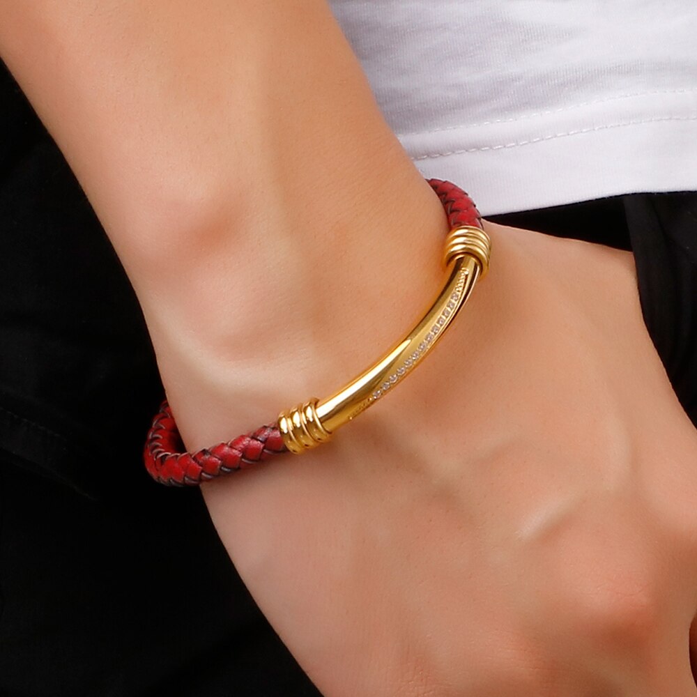 Bracelet en cuir rouge hommes or acier inoxydable avec des Bracelets à breloques CZ tressé corde Bracelet Bracelets d'enveloppement bijoux masculins