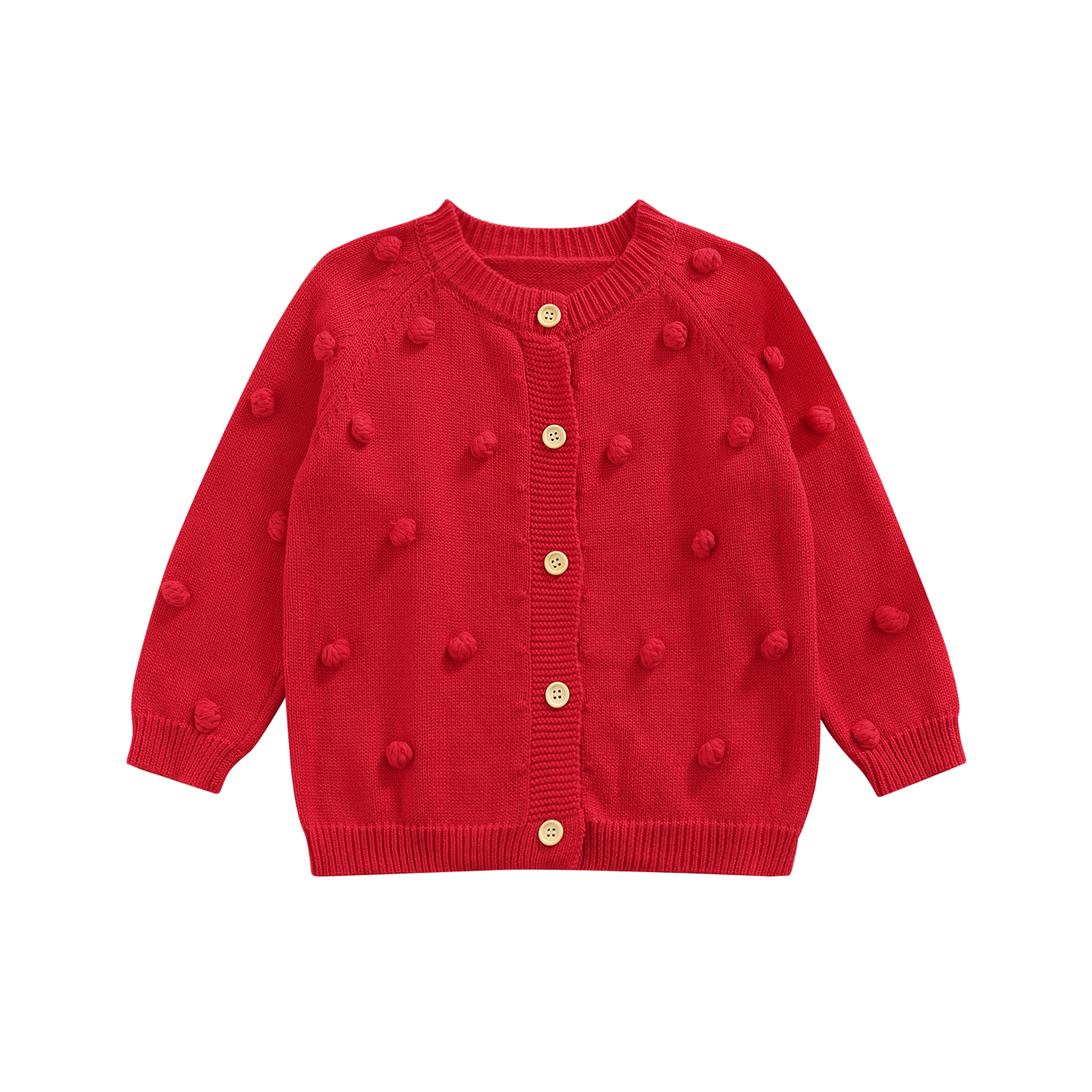 Cárdigan de punto de otoño para niñas pequeñas, decoración de bola de felpa, cuello redondo, manga larga, prendas de vestir de un solo pecho, Tops informales: Rojo / 100