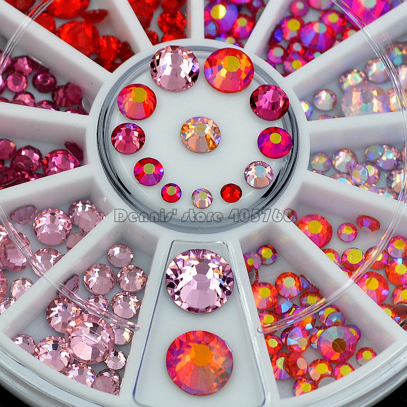 Mix Maten Glitter Pinks Rood Plaksteen Ronde Facetten Diamond Nail Art Rhinestones Decoraties Manicure DIY Wiel