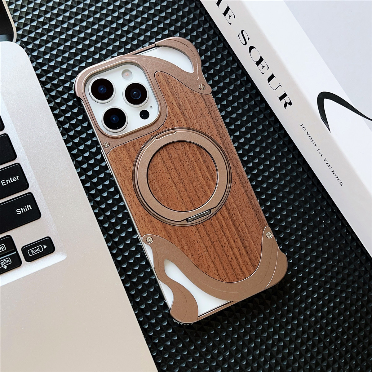 Funda de madera de nogal Natural para iPhone 16, 15, 14 Pro Max, aleación de aluminio sin marco, anillo magnético giratorio 360, fundas con soporte de Metal: Oro / IPhone 15 Pro