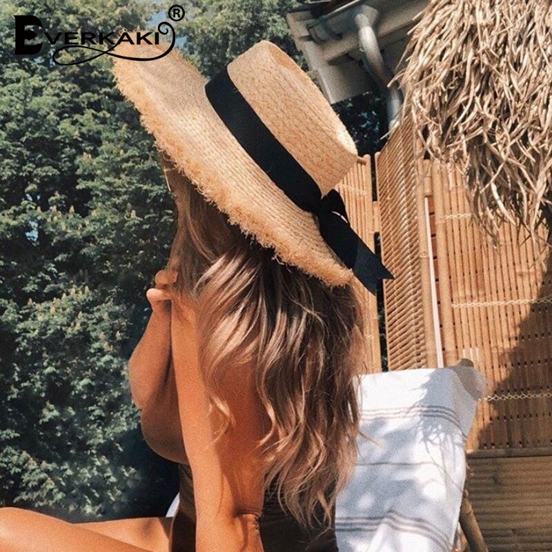 Everkaki Stro Strik Zon Hoeden Zomer Vrouwen Schipper Strand Hoed Brede Side Casual Dames Panama Platte Hoed Fedora Chic