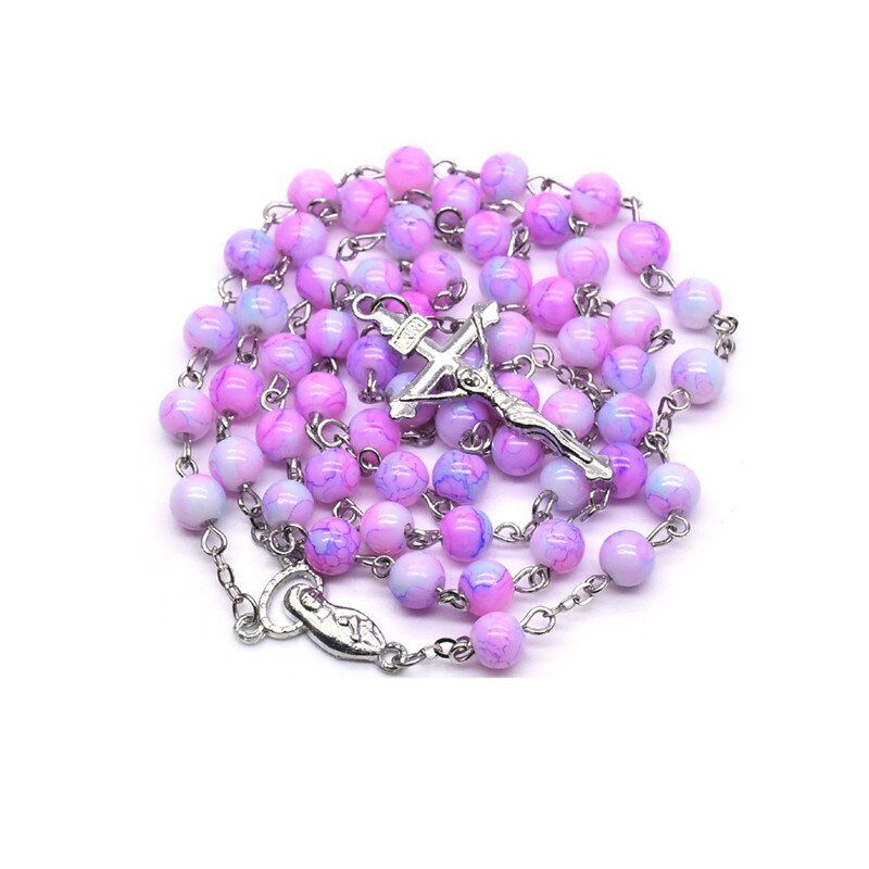 Rosário roxo com gradiente religioso, pingente redondo com contas da moda, cruz da virgem maria, 1 peça: Default Title