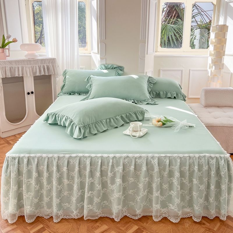 Kanten bedrok en kussensloop, bedomslag, bedsprei, laken, antislip, beschermend, beige, prinses, 3 stuks: 140x200cm / green