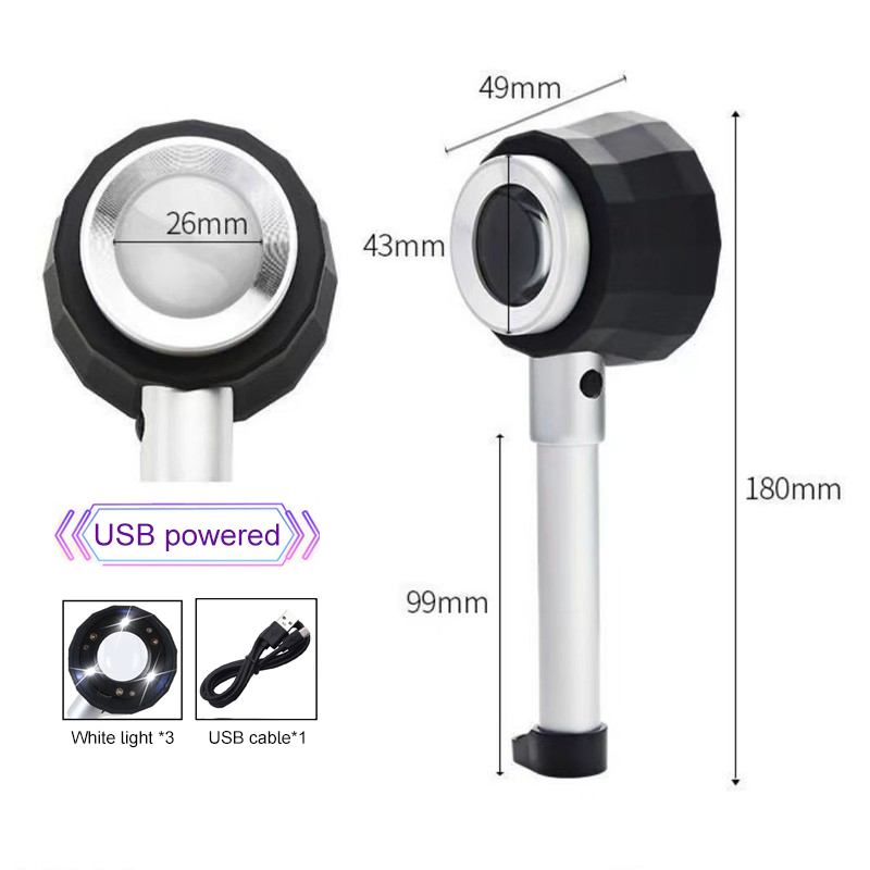 Handheld 10x Vergrootglas Loupe Led Optisch Glas Vergrootglas Met Lichtschaal Vergrootglas Sieraden Loepen Met Maatschaal: WHITE