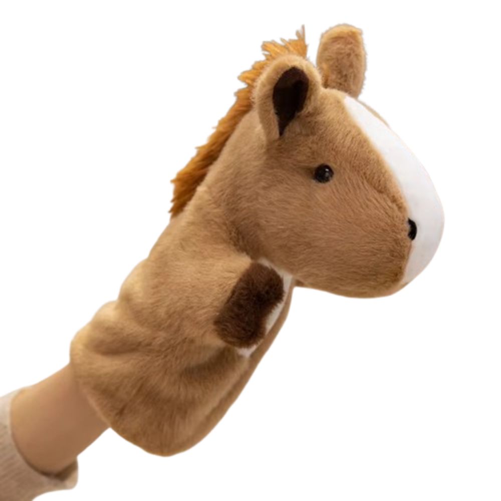 Fantoche de mão de cavalo para contar histórias, macio, com simulação de mão e dedo, 25cm para educação infantil. fantoche de pelúcia para a hora da história.