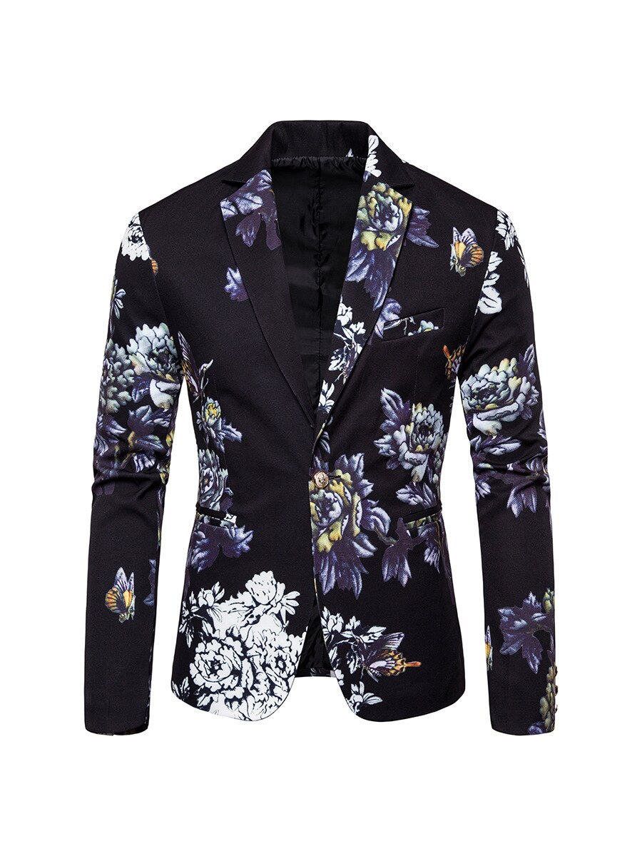 Flower print suit gentleman business slim suit single suit coat Korean style slim flower suit: Black / XXL