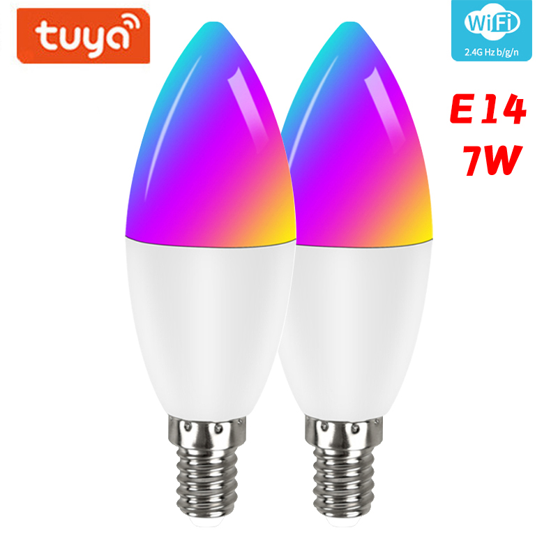 Tuya Wifi Smart Light Bulb E14 Candle Lamp RGB+CW+WW 5W 7W 9W Smart Life APP Voice Control Compatible Alexa Google Dimmable Home: 2pcs 7W