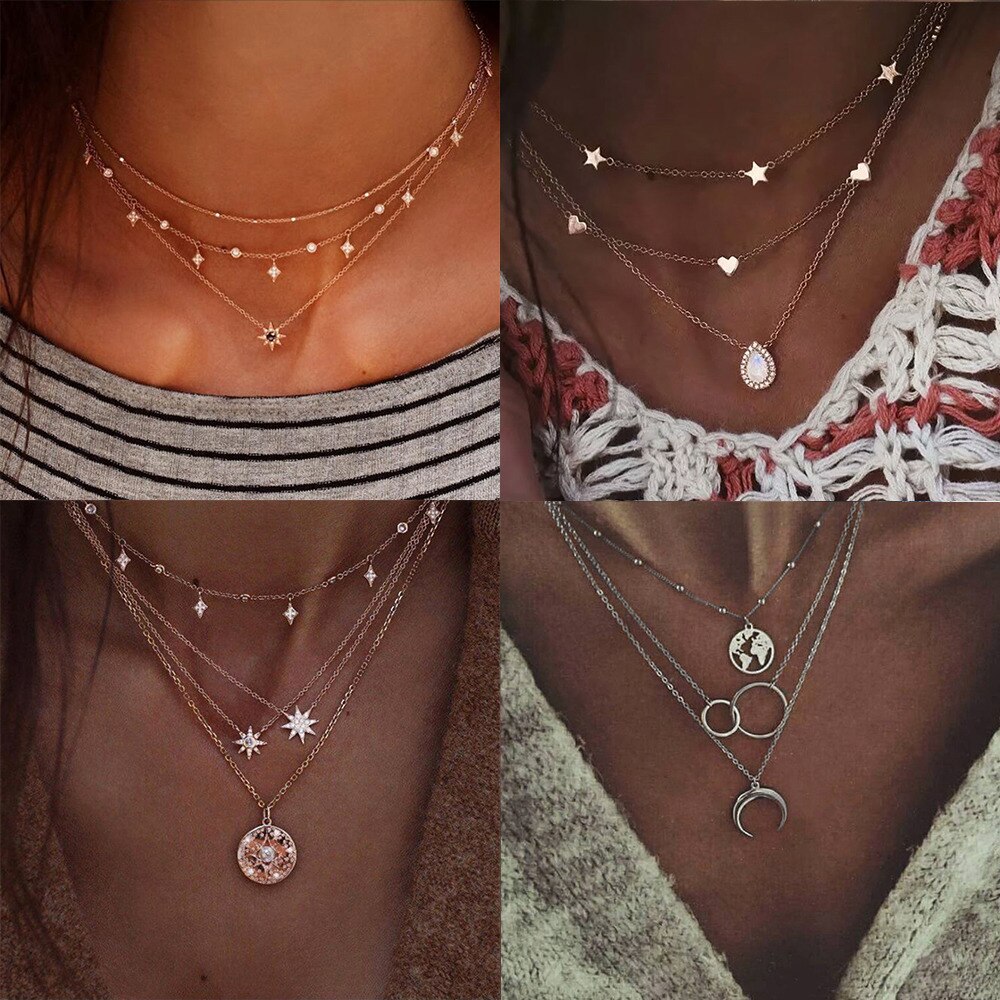 Bohemian Multilayer Ster Maan Hanger Ketting Voor Vrouw Mode Geometrische Charme Ketting Choker Ketting Sieraden