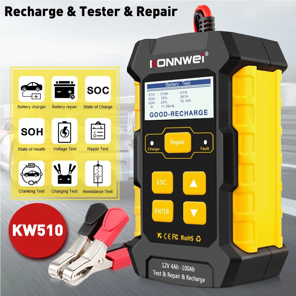 KONNWEI-cargador y probador de batería de coche KW510, 12V, 6A, totalmente automático, reparación de pulso de potencia, pantalla LCD Digital