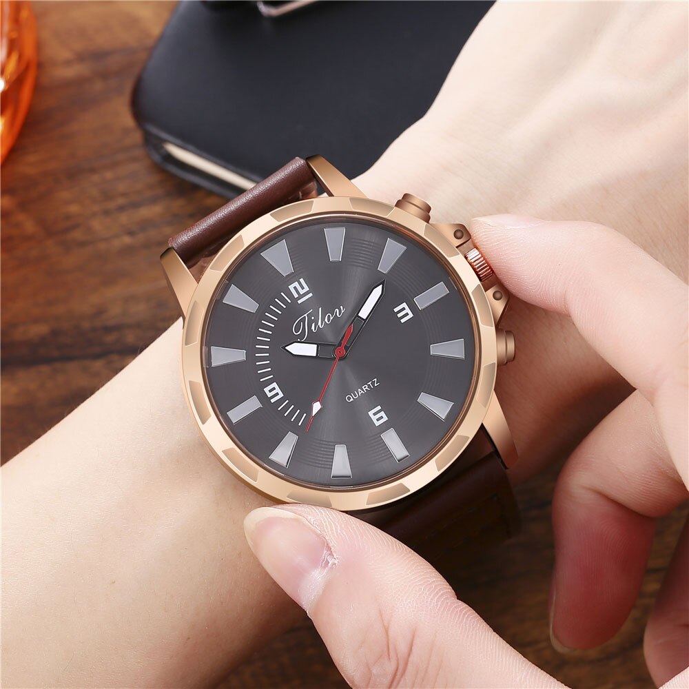 Dubbele Schaal Heren Horloges Grote Zwarte Wijzerplaat Zaken Horloge Voor Mannen Lederen Band Polshorloge Mode Quartz Horloge Montre homme